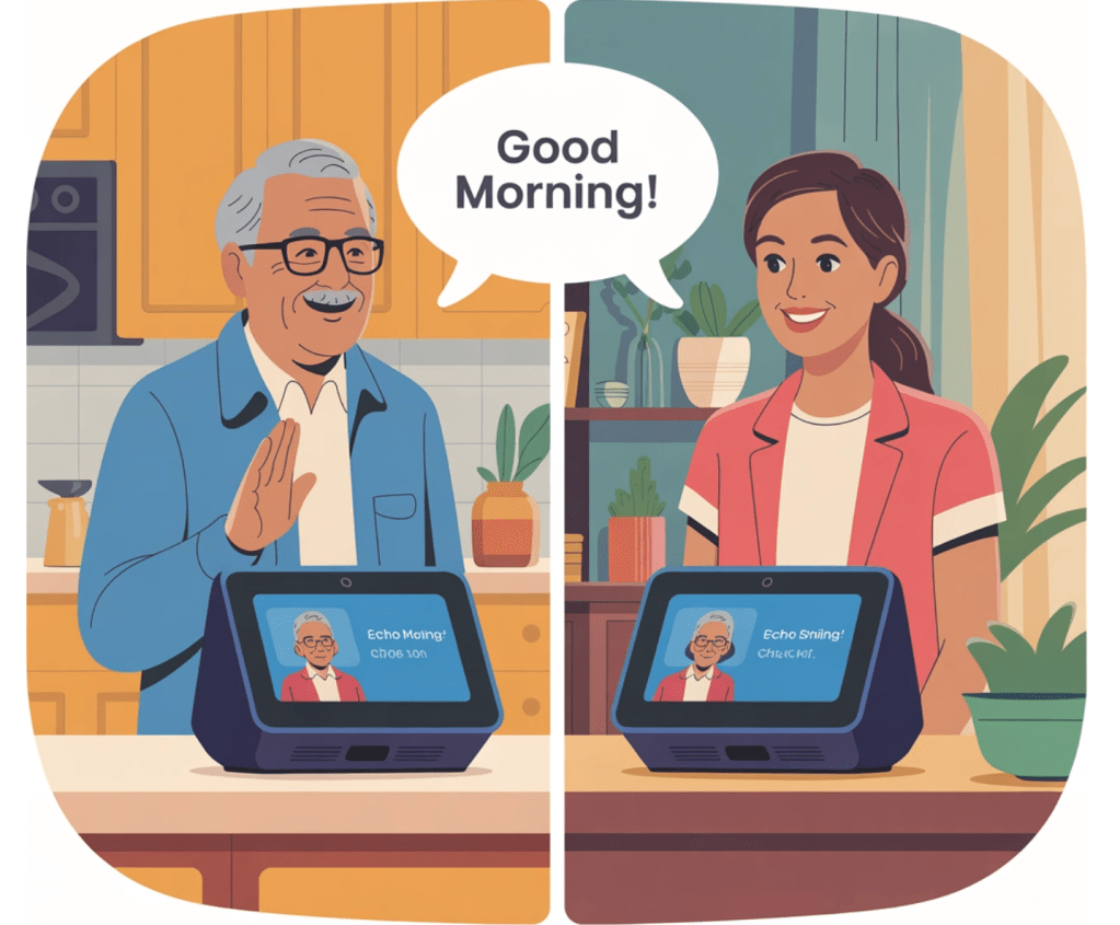 Split-screen cartoon of a senior man waving to a younger woman during an Alexa Echo Show video call. Each is seated in a home setting with plants and warm lighting. The speech bubble between them reads, “Good Morning!”
