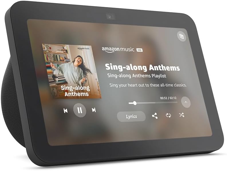 Amazon Echo Show 8 displaying an Amazon Music playlist with playback controls, showing its hands-free smart display capabilities for entertainment and daily tasks.