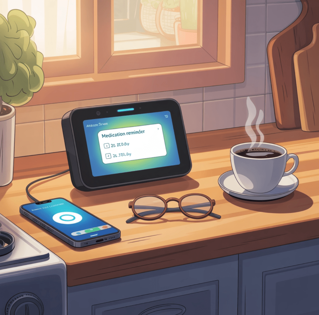 A cozy kitchen counter with an Amazon Echo Show displaying a “Medication reminder” alert. Nearby are a smartphone with Alexa open, a pair of reading glasses, a steaming cup of coffee, and potted plants by a sunny window.