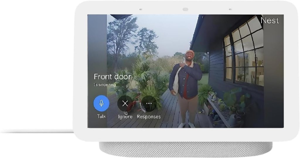Google Nest Hub 2nd Gen showing a live front door video feed, highlighting its integration with smart doorbell cameras for enhanced home monitoring and communication.