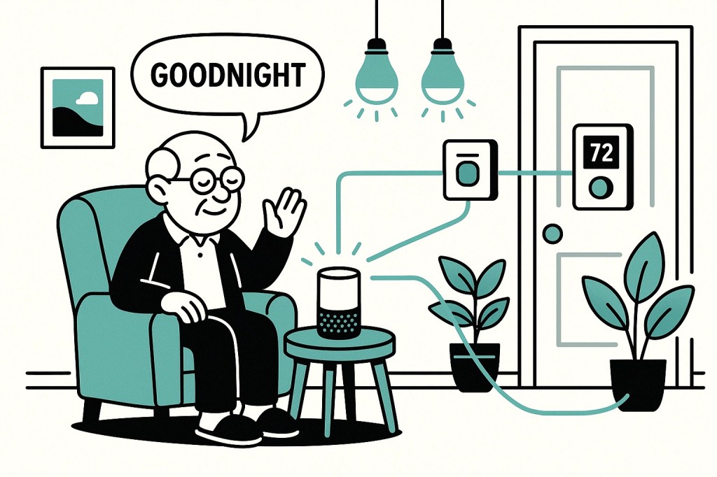 Illustration of an elderly man sitting in a chair saying “Goodnight” to a smart speaker, which automatically turns off lights and adjusts the thermostat, demonstrating a simple smart home bedtime routine.